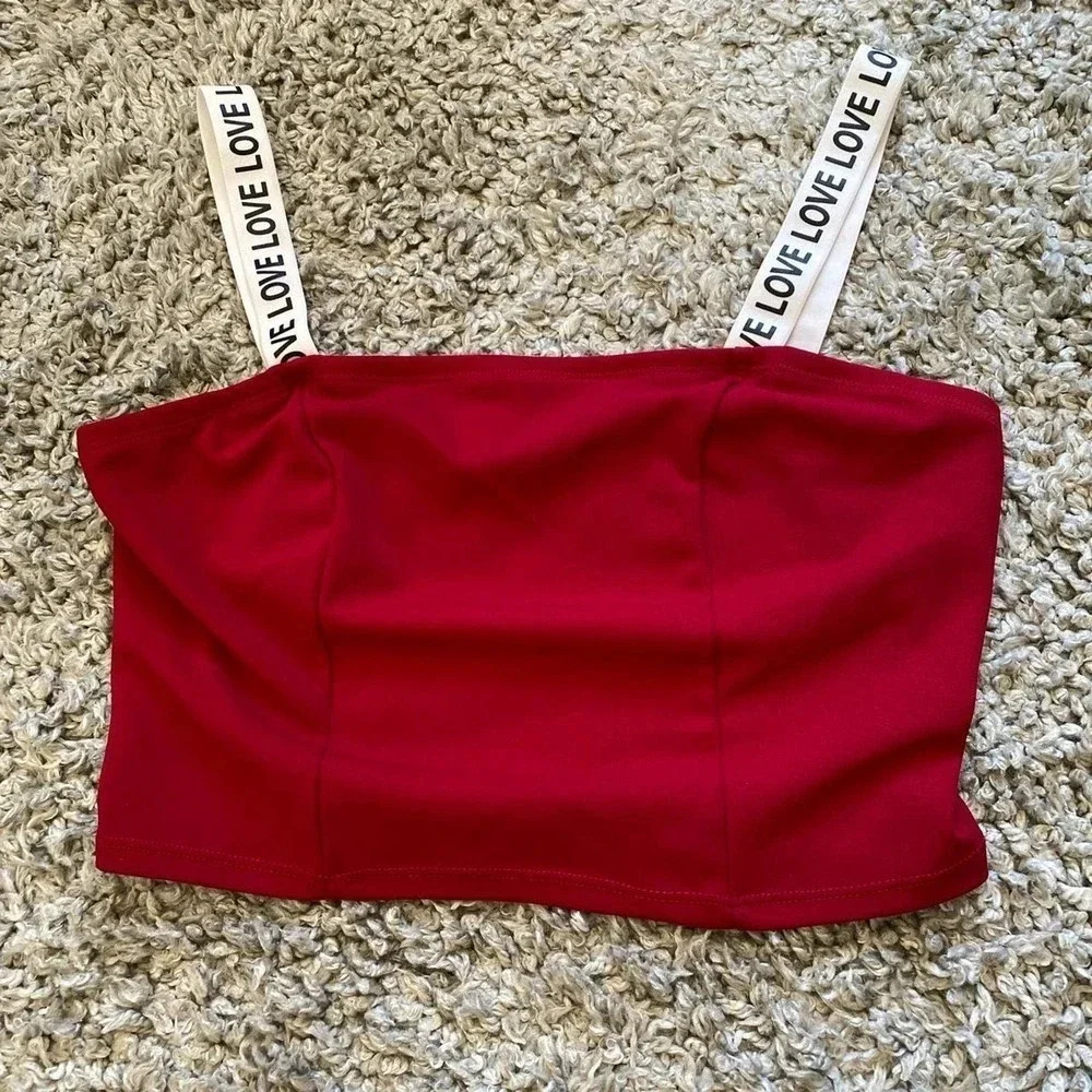Red crop top white straps that say love papaya medium women summer festival